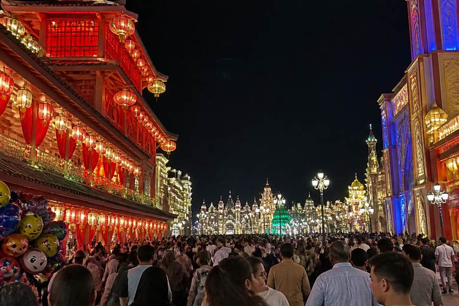 Global Village's country pavilions at night
