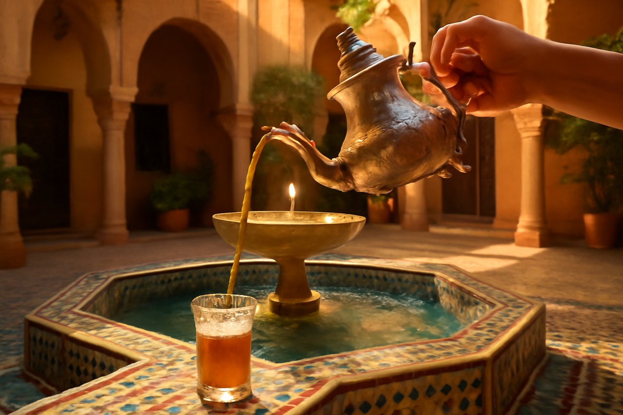 Pouring Moroccan mint tea